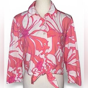 Resortwear Coastal Floral Tonal Pink and White Button-Up Blouse Tie Front Sz S